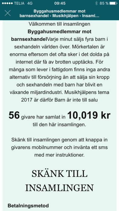 Skärmdump av en insamlingssida för välgörande ändamål med text och donationssumma.