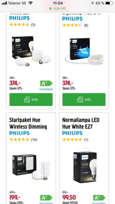 Skärmdump av smarta belysningsprodukter från Philips Hue på en webbutikssida, med priser och rabatter.