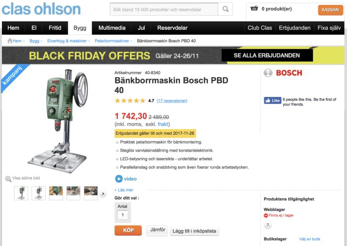 Bosch PBD 40 bänkborrmaskin på rea under Black Friday-erbjudande hos Clas Ohlson.