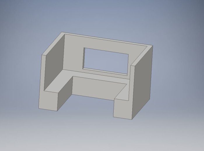 3D-modellerad ritning av en enkel stol med rektangulär öppning i ryggstödet.