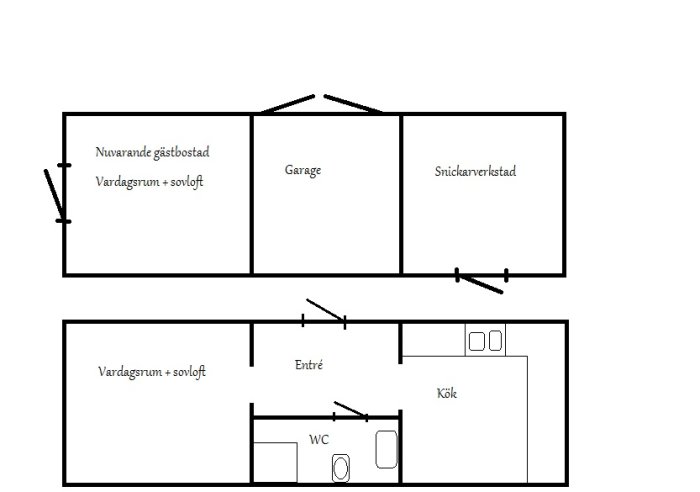 Planritning före och efter ombyggnad, visar gästhus delat i vardagsrum och garage omvandlat till kök, badrum, entré.