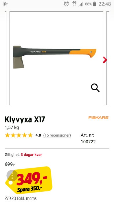 Klyvyxa X17 från Fiskars med orange och svart handtag, på rea för 349 kronor.