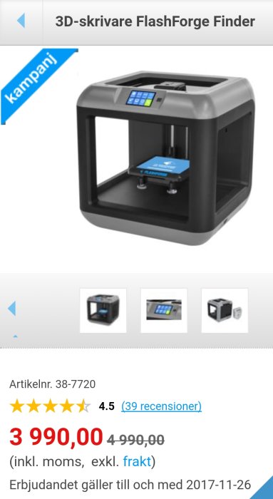 FlashForge Finder 3D-skrivare med öppen front, blå byggplatta och pekskärm på en webbutikssida.