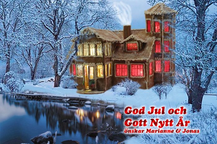 Pepparkakshus som ser ut som ett riktigt hus i vinterscen med texten "God Jul och Gott Nytt År".