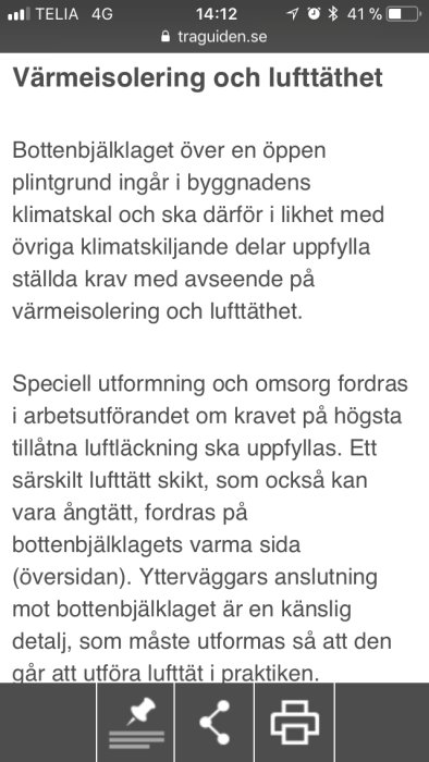 Skärmdump av en artikel om värmeisolering och lufttäthet för bottenbjälklag från traguiden.se.