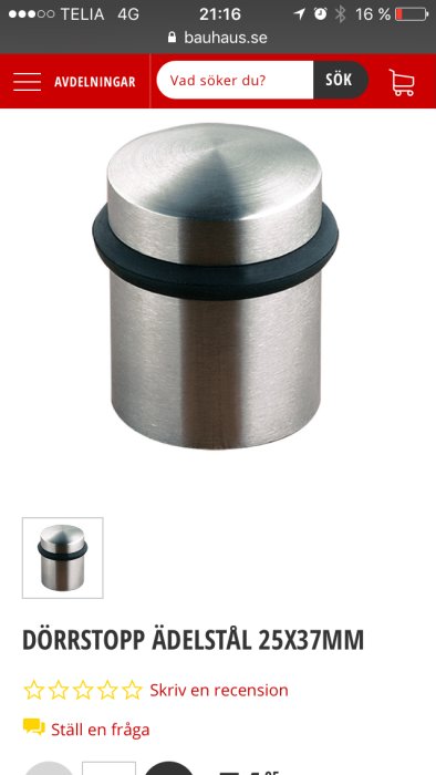 Dörrstopp i ädelstål på Bauhaus hemsida, rund design, 25x37 mm.