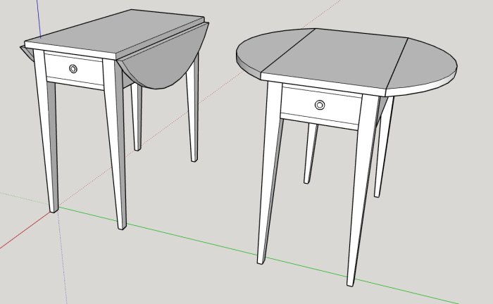 3D-ritning av ett bord med en skiva, utdragbara klaffar, låda och ben i olika dimensioner.