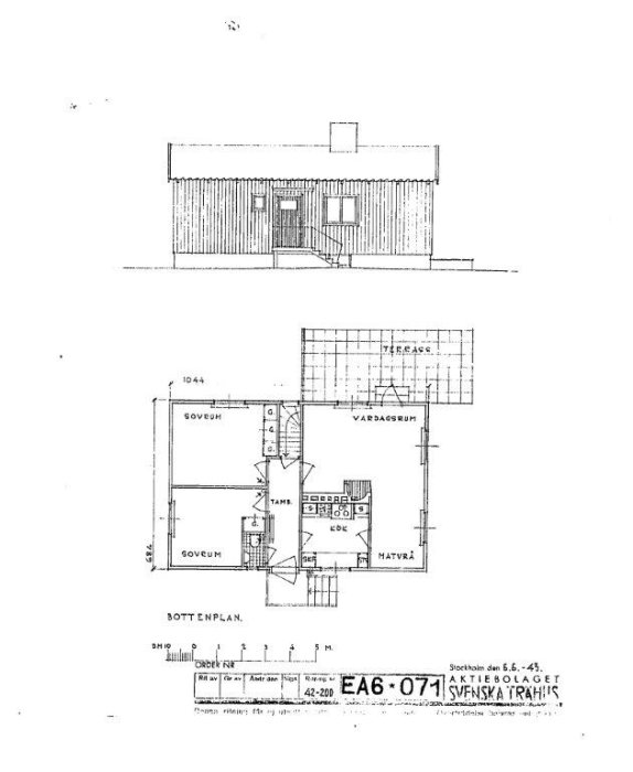 Originalritning av husbottenplan och fasad från 1945 som markerar renoveringsgränser för källarprojekt.
