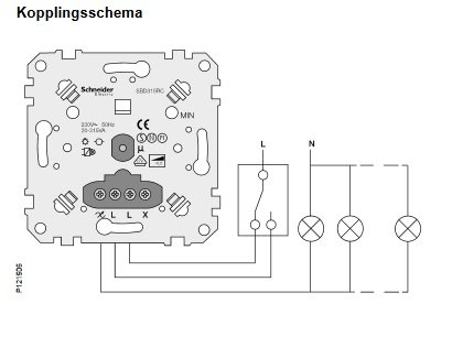 Kopplingsschema för dimmer med beteckningar och ledningar som visar att fasen inte ska anslutas till utgående plint.