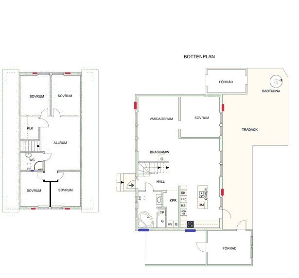 Ritning av bottenplan för ett hus med markerade ventilationssystem och tilluftspositioner i olika rum.