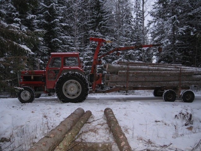 Massey-Ferguson 165 traktor med Solid 2100 frontlastare och Normet vajerkran, lastad med timmer i skogen på vintern.