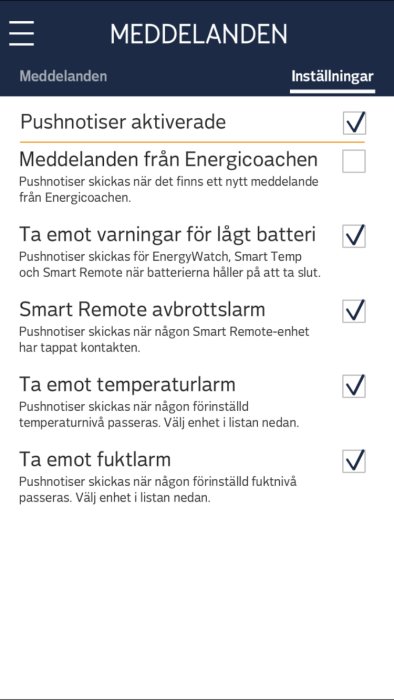 Skärmdump av EnergyWatch-inställningar för pushnotiser och alarmer, inklusive lågt batteri och temperaturvarningar.
