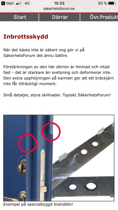 Delar av en speciellt konstruerad blå säkerhetsdörr med förstärkning, synliga gångjärn och lås.