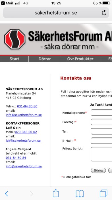 Skärmdump av Säkerhetsforums kontaktinformation och kontaktformulär på deras webbplats.