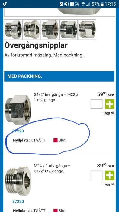 Skärmdump av webbutik som visar övergångsnipplar med priser och "UTGÅTT" markering.