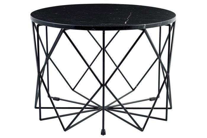 Svart soffbord med marmorskiva och geometriskt metallunderrede.