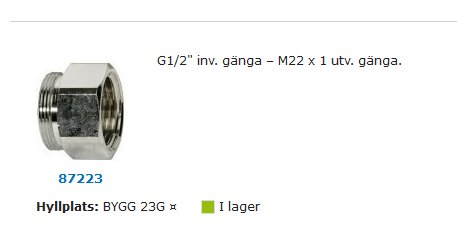 Rördel med G1/2" invändig gänga och M22 x 1 utvändig gänga.