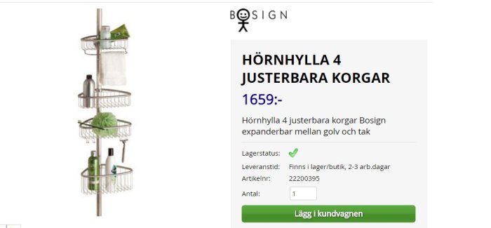 Hörnhylla med fyra justerbara korgar från BOSIGN, expanderbar mellan golv och tak, fylld med badrumsartiklar.