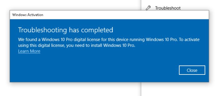Windows Aktivering skärm som visar meddelande om att en digital licens för Windows 10 Pro har hittats.