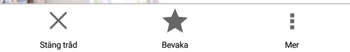 Skärmdump av forumtråd med knappar för 'Stäng tråd', 'Bevaka' och 'Mer' visas längst ner på skärmen.
