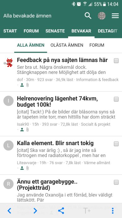Skärmdump av ett diskussionsforums trådar med titeln 'Helrenovering lägenhet 74kvm, budget 100k!' markerad.