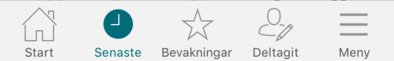 Mobilappens snabbmeny med ikoner för Start, Senaste, Bevakningar, Deltagit och Meny.