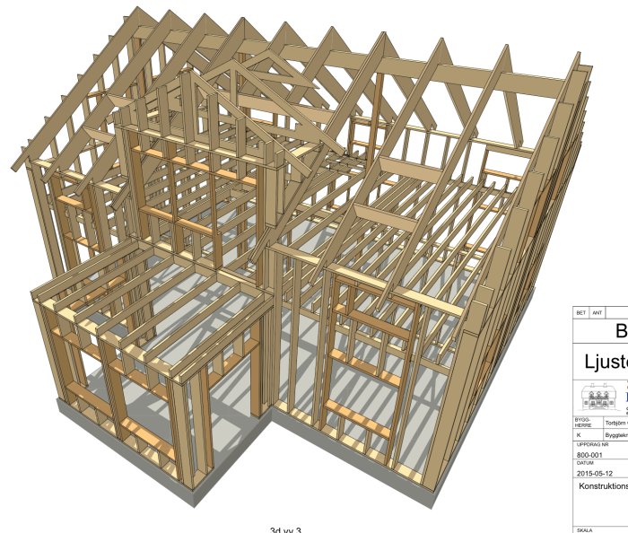 3D-konstruktionsritning av trästomme för byggnad med detaljplan av material och uppbyggnad.