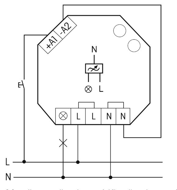 Schematisk ritning av en elektrisk koppling med dimmer, strömbrytare och anslutningar.