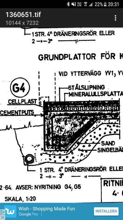 Sektion av husgrund med texter som anger "stålslipning" och dräneringsdetaljer, byggår 1964.