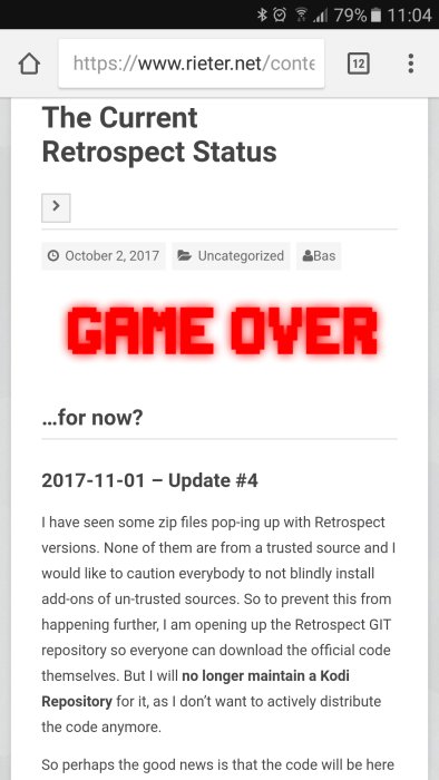 Skärmdump av en webbsida om status för Kodi-tillägget Retrospect med texten "GAME OVER ...for now?