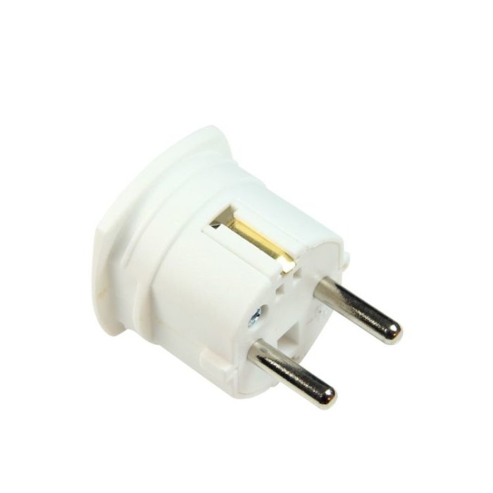 Vit Europlug-stickkontakt med två stift mot vit bakgrund.