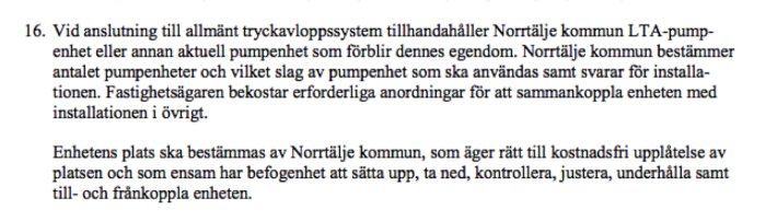 Utdrag från Norrtälje kommuns ABVA-dokumentation om ansvar för LTA-pumpsystem vid anslutning till allmänt tryckavloppssystem.