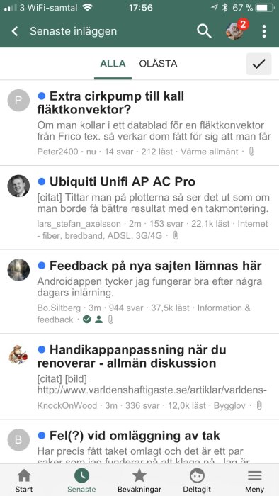 Skärmdump av en mobilapp med en lista av diskussionstrådar på ett byggforum.