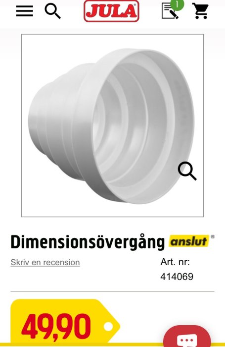 Vit dimensionsövergång för rör med text "Dimensionsövergång anslut" och pris på Jula hemsida.