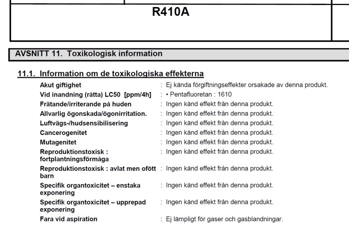 Säkerhetsdatablad med toxikologisk information om kylmediet R410A.