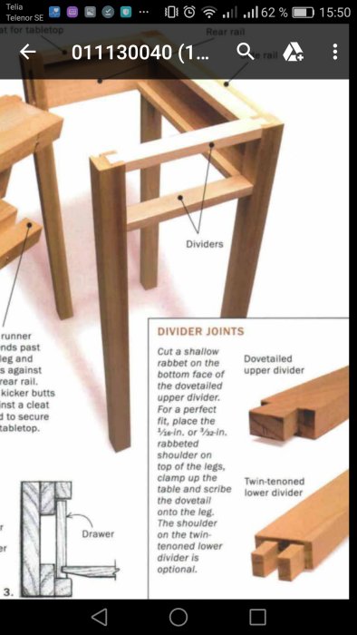 Detaljerad illustration av träsnickeridetaljer med dovetailed upper divider och twin-tenoned lower divider.