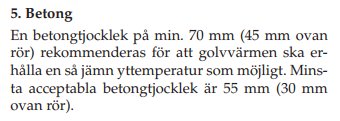 Utdrag från LK:s anvisningar om rekommenderad betongtjocklek för golvvärme.