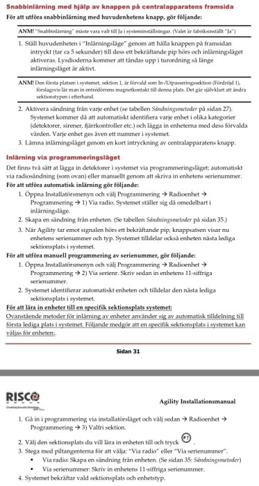 Bild från manual för snabbinlärning och programmering av säkerhetssystem.