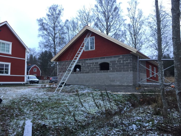 En nybyggd byggnad med röd panel och grå grund under konstruktion, med snötäckt mark och en stege mot fasaden.