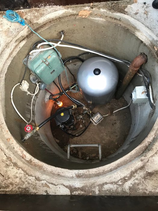Vattenpump och hydropress i brunn med elanslutningar och rörledningar.