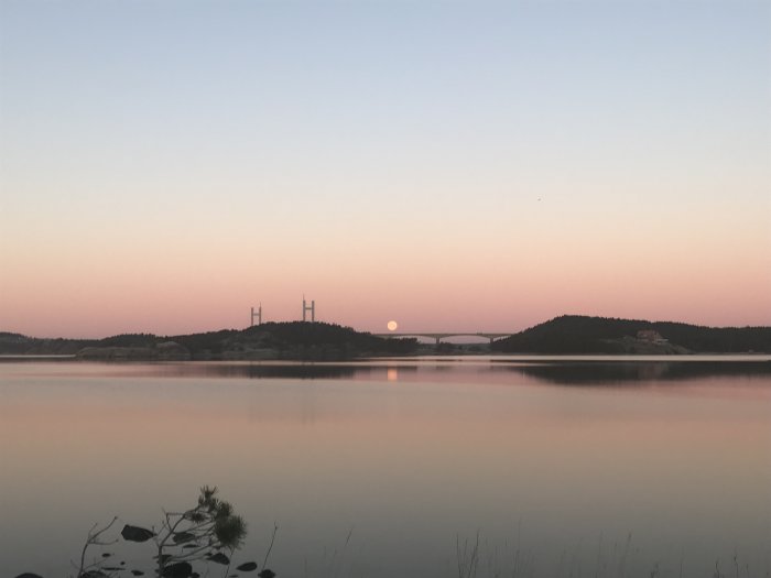 Morgonljus vid en sjö med silhuett av bro och träd, pastellfärgad himmel och reflektion i vattnet.