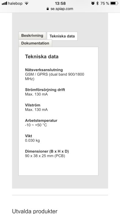 Skärmdump av tekniska data för en elektronisk komponent, inklusive nätverksanslutning och strömförbrukning.