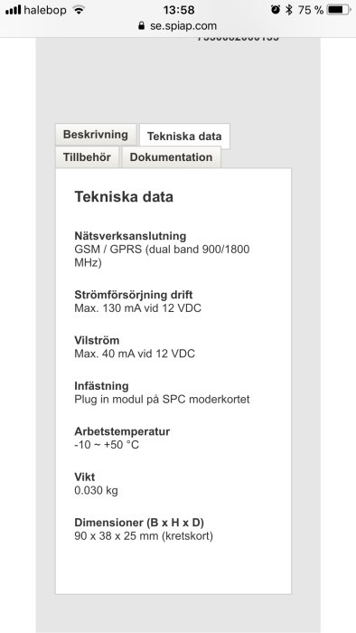 Skärmdump av en webbsida som visar tekniska data för en GSM/GPRS-modul inklusive strömförsörjning och dimensioner.