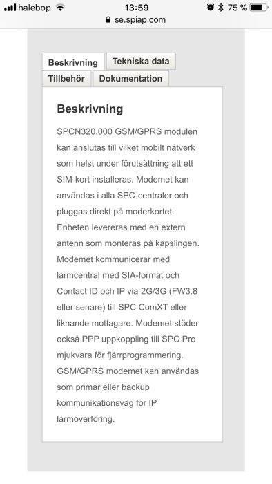 Skärmdump av webbsida med teknisk beskrivning av en GSM/GPRS-modul för säkerhetssystem.