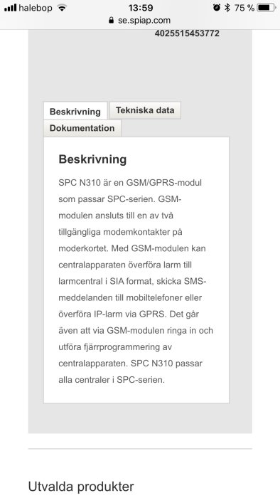 Skärmdump av en produktsida med beskrivning av en GSM/GPRS-modul för överföring av larm och data, på en webbläsare i en mobiltelefon.