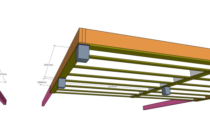 3D-model av en husutbyggnad visar ett infällt bjälklag på plintar med dimensioner och konstruktionsdetaljer.