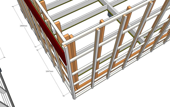 3D-modell av en husutbyggnad med bjälklag och väggkonstruktion, inkl dimensioner.