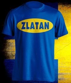 Blå t-shirt med texten "ZLATAN" i gult på framsidan.