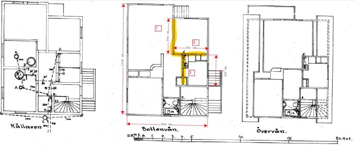 Ritning av våningsplan med markerade väggar (1, 2, 3) för rivning nära murstock för renoveringsprojekt.