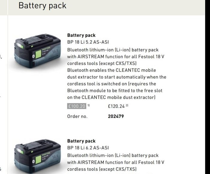 Festool 18V Bluetooth-litiumjonbatteri med AIRSTREAM-funktion, svart och grönt, visad bredvid prisinformation.